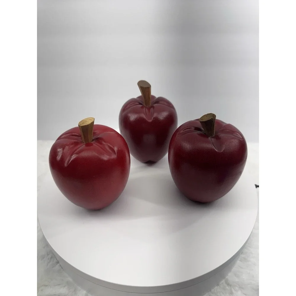 3 Faux Fruit Wood Wooden Red‎ Apples Stems Realistic Farmhouse Decor Heavy